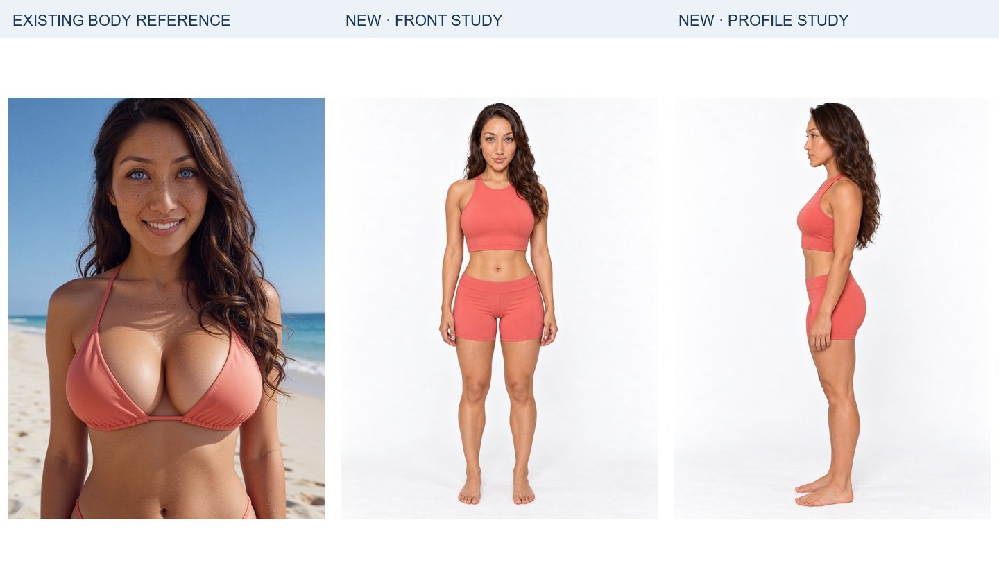 Bella: existing body authority, new frontal study and new profile. Panels are resized independently for display; they do not establish relative height or exact dimensions.