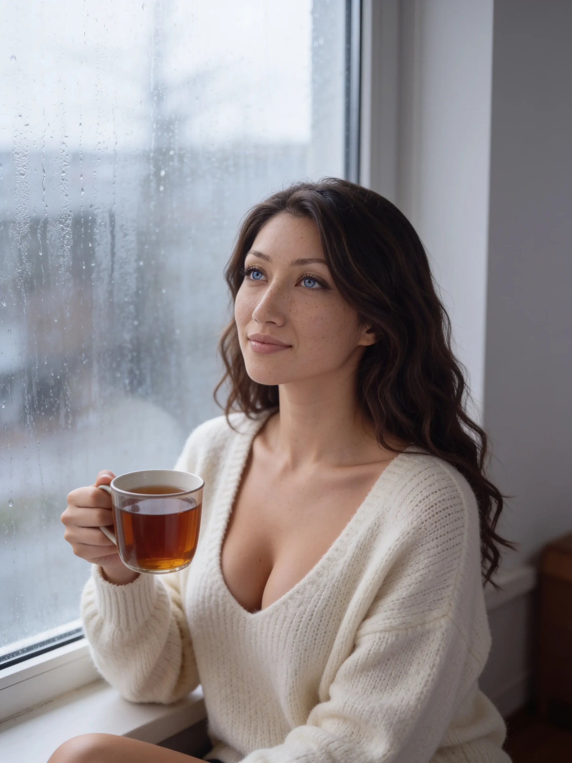 AI-generated test of Bella by a rainy window using her new identity element