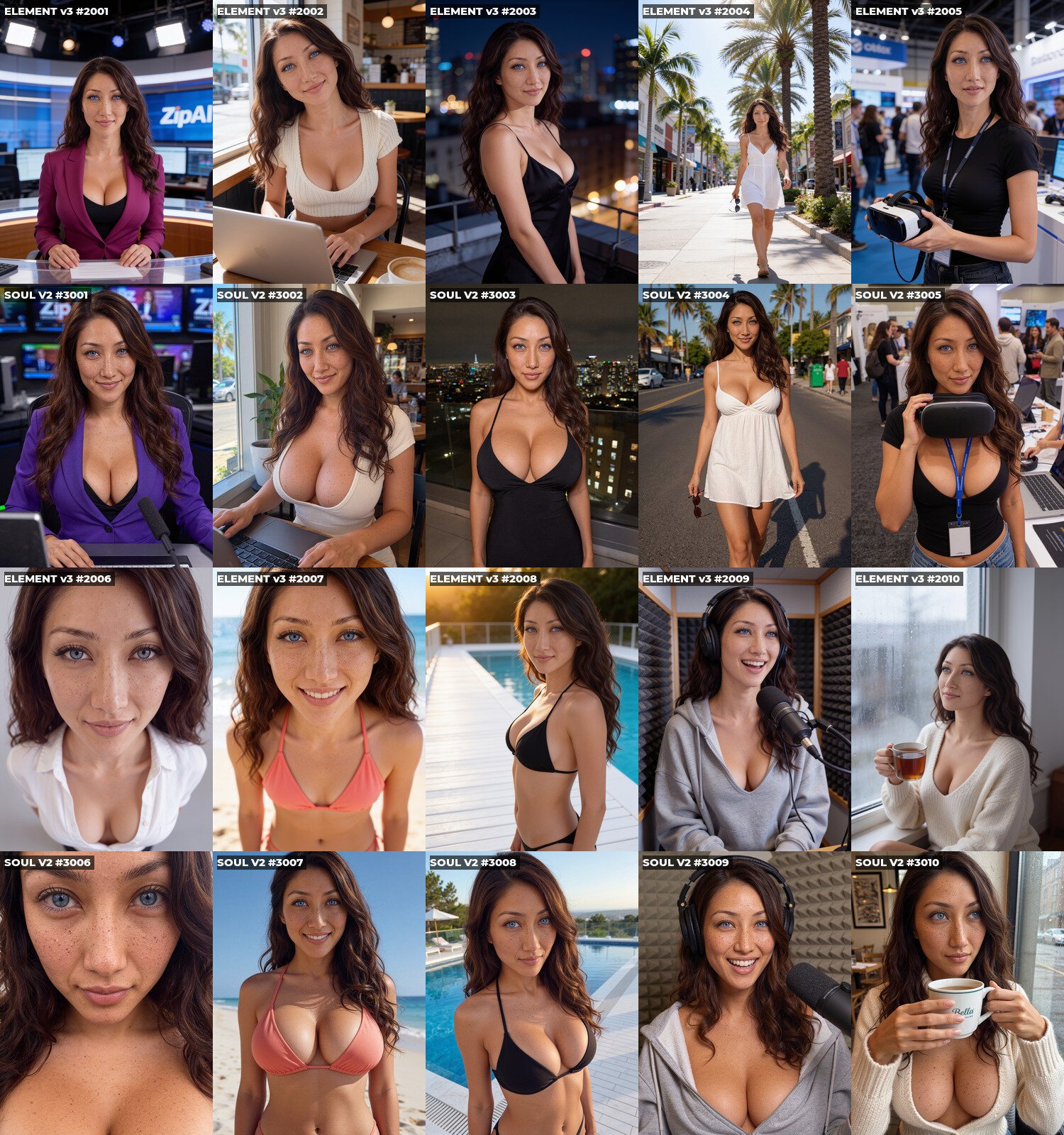 AI character Bella: Element v3 (rows 1 and 3) vs Soul V2 (rows 2 and 4), same ten prompts