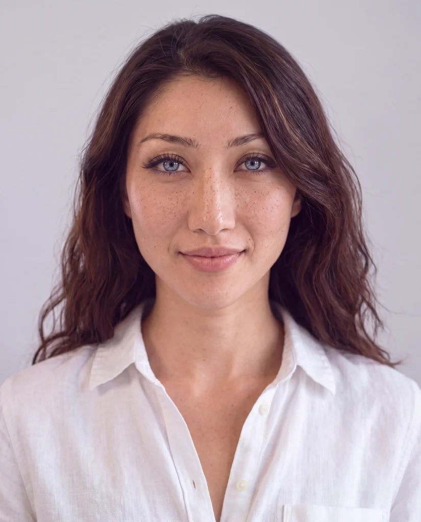 AI-generated front portrait of Bella in a white linen shirt