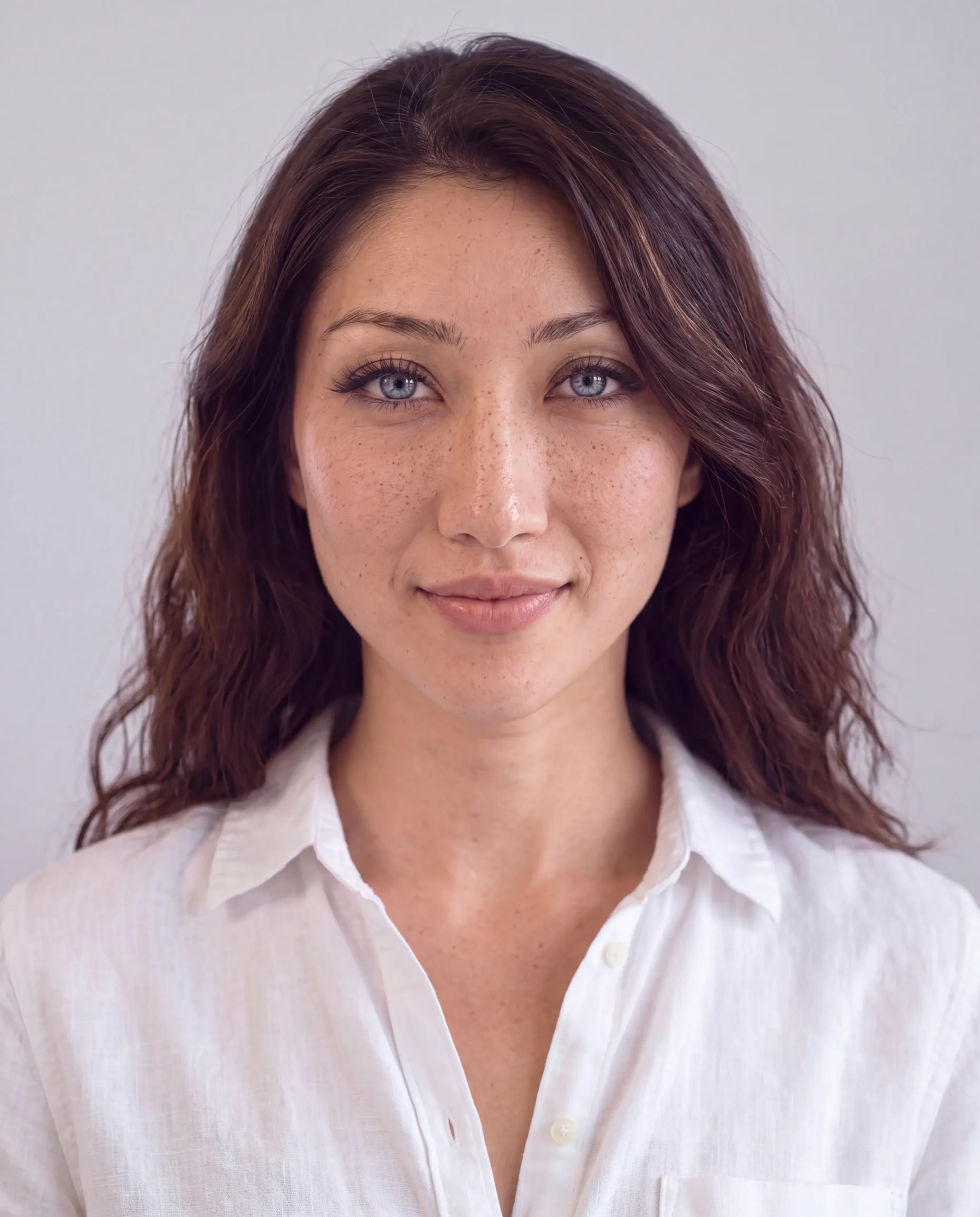 AI-generated front portrait of Bella in a white linen shirt