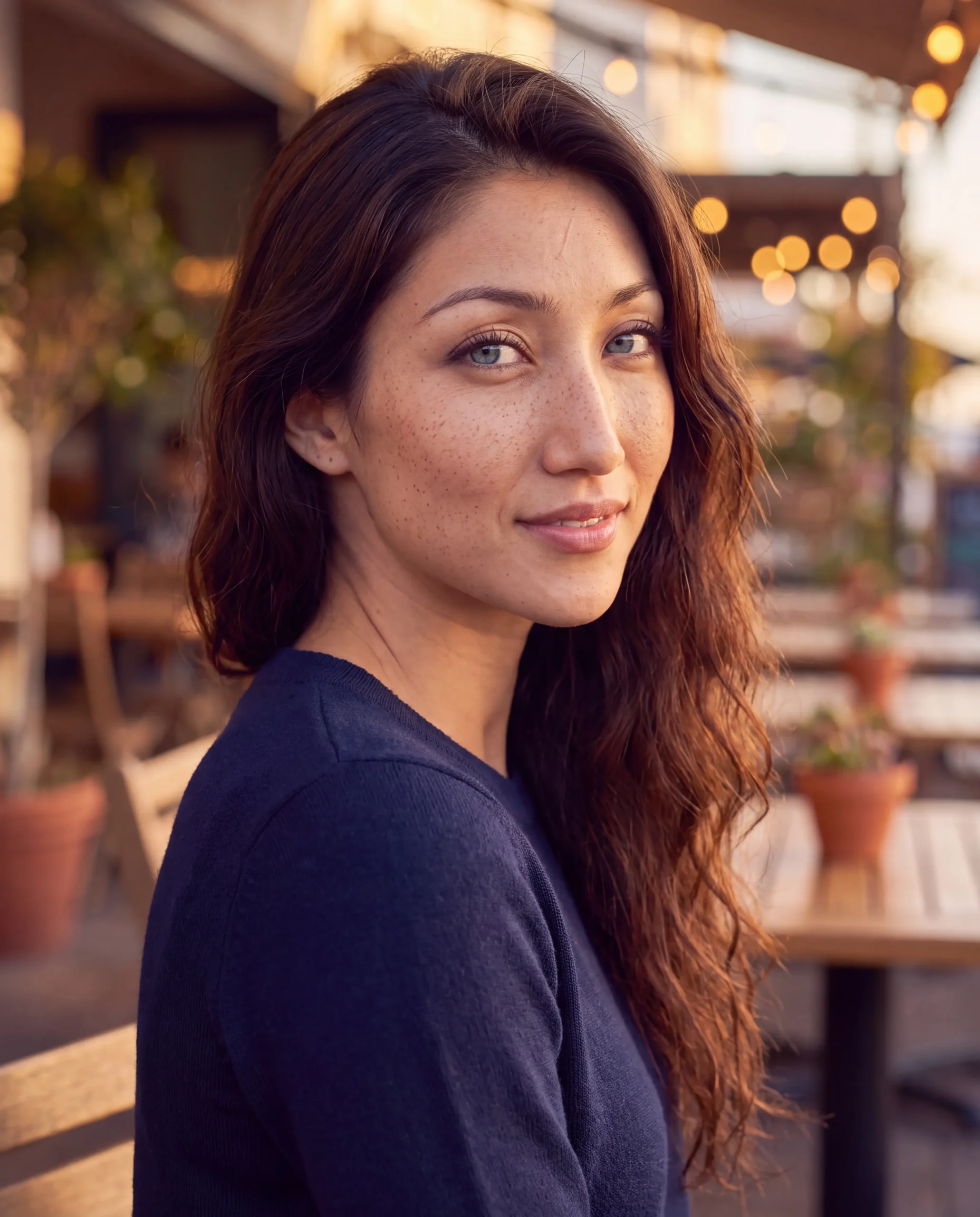 AI-generated retake of Bella at a cafe at golden hour
