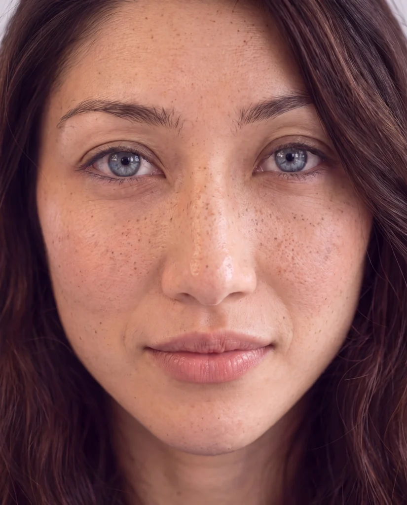 AI-generated macro close-up of Bella showing dense freckles and blue eyes