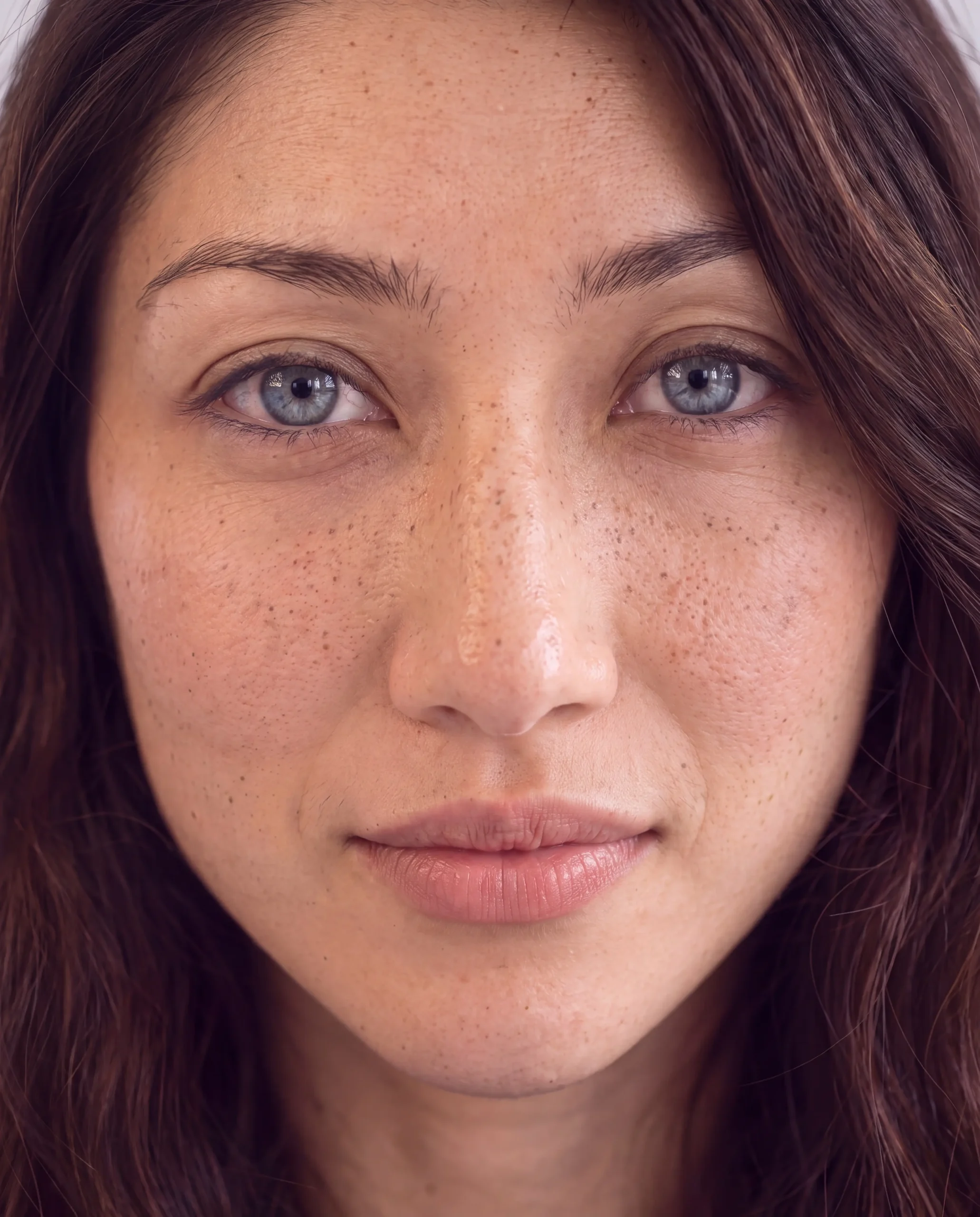 AI-generated macro close-up of Bella showing dense freckles and blue eyes