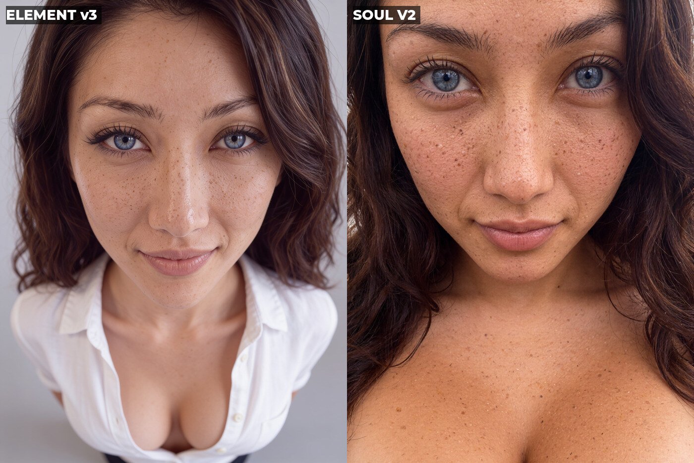 Macro skin close-up of AI character Bella: Element v3 vs Soul V2