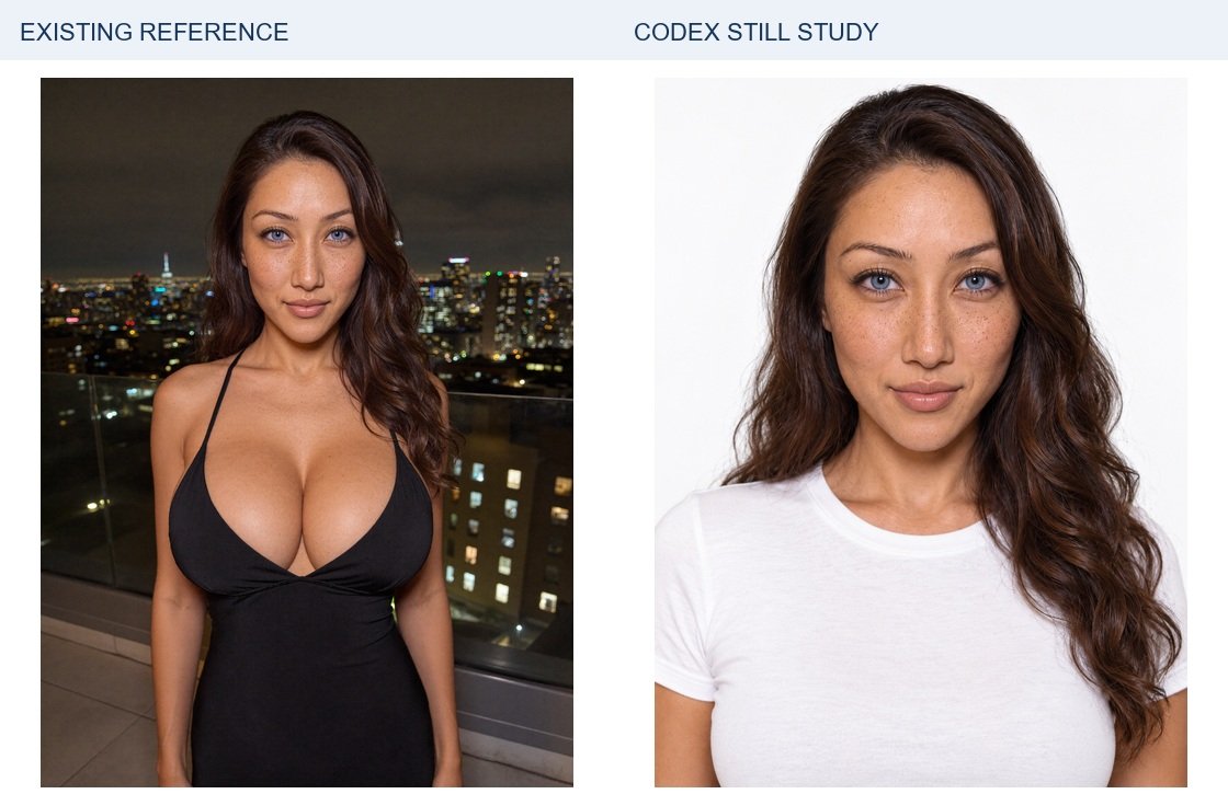 Bella: existing identity reference left; new Codex portrait right. Source crops are proportionally resized for display; a small source crop cannot reveal detail the original never contained. Clothing, lighting and framing differ. Neither side receives extra sharpening or retouching.