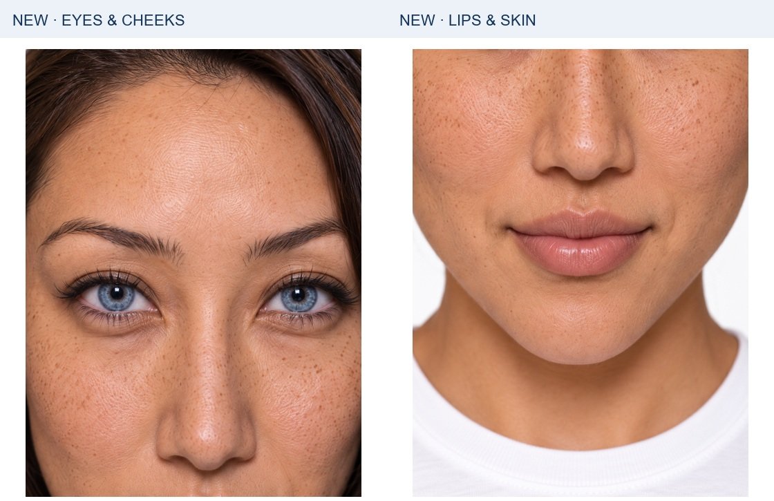 Bella: independently generated eye/cheek and mouth/skin studies. These show rendered detail, not a magnification test of the original source.
