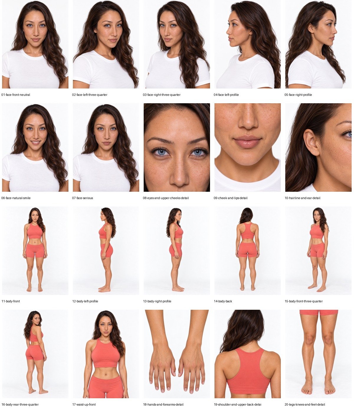 Bella: all twenty individual selected outputs. The sheet is a derived layout; clothing coverage and identity imperfections remain visible.