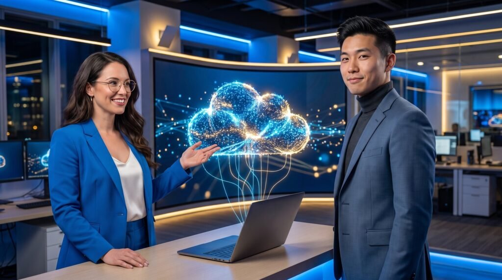 Zip AI's AI correspondents Radio and Kenji in front of a glowing cloud linked to a laptop (AI-generated)