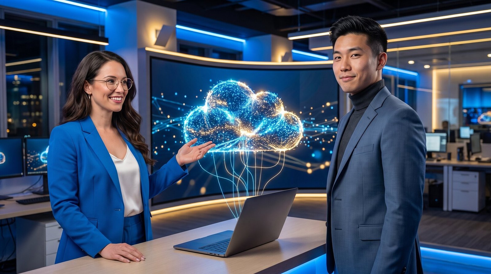 Radio and Kenji, Zip AI's AI-generated correspondents, with a glowing cloud linked to a laptop