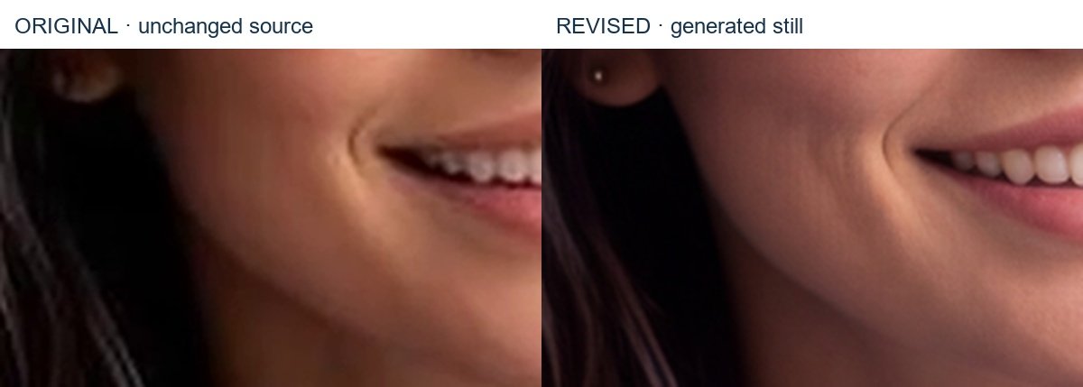 Cheek detail below the glasses. Fine surface variation should follow the skin, not look like a uniform noise layer.