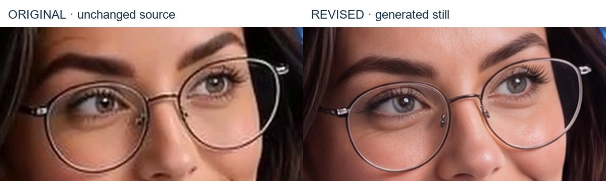 Matching eye and glasses crops. Inspect eyelids, eyebrows, lens rims and the skin beneath the eyes together.