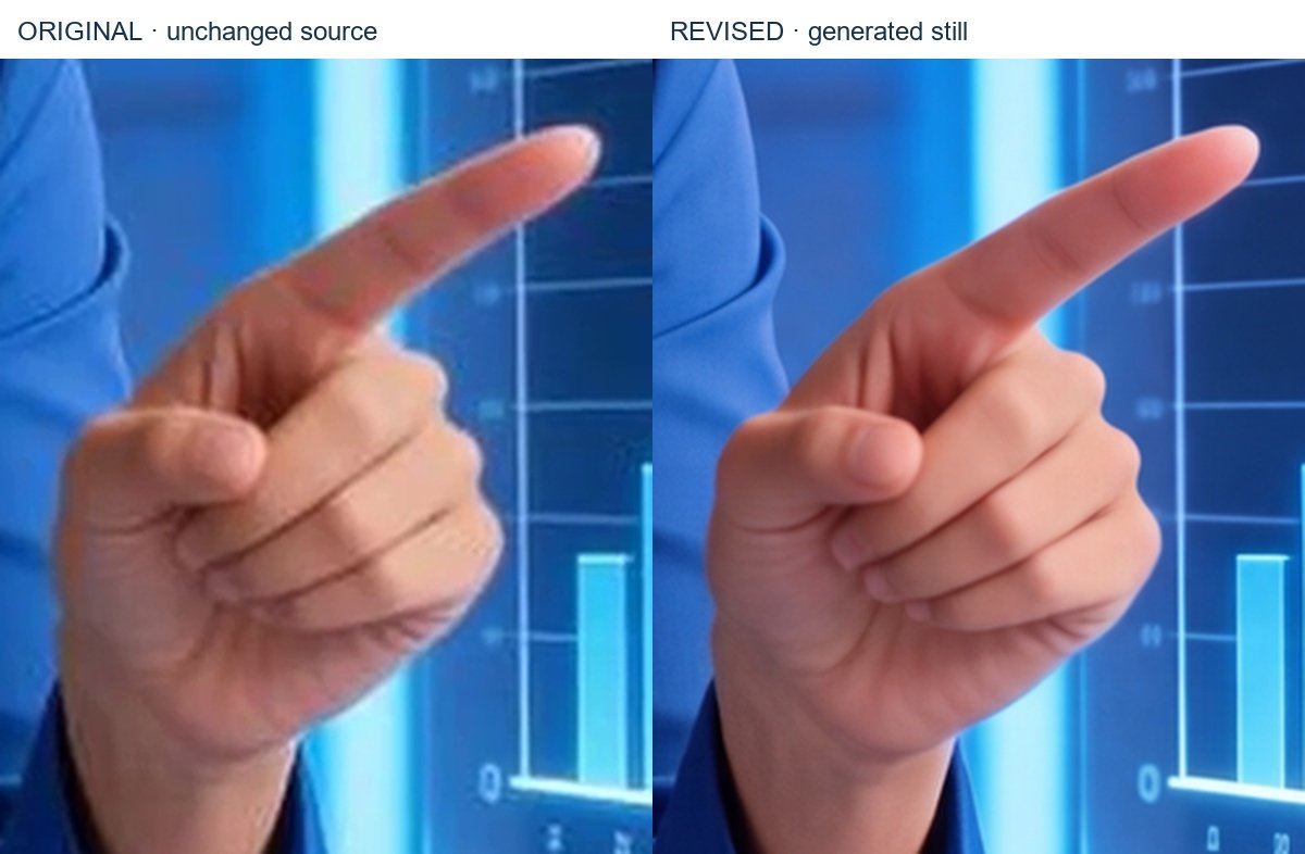 Matching hand-region crops. Inspect the pointing gesture and fingers alongside skin texture.