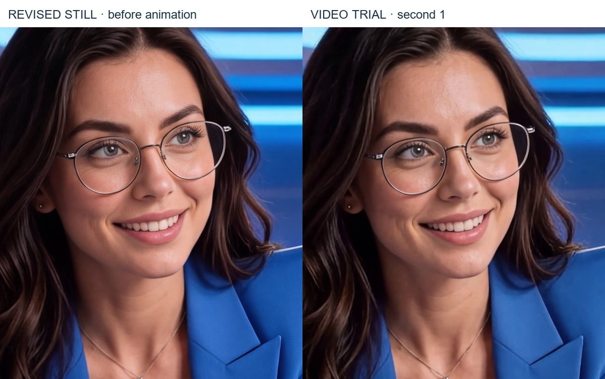 Left: the revised still. Right: a frame at one second from the generated motion trial. The fine skin gain weakens in the video.