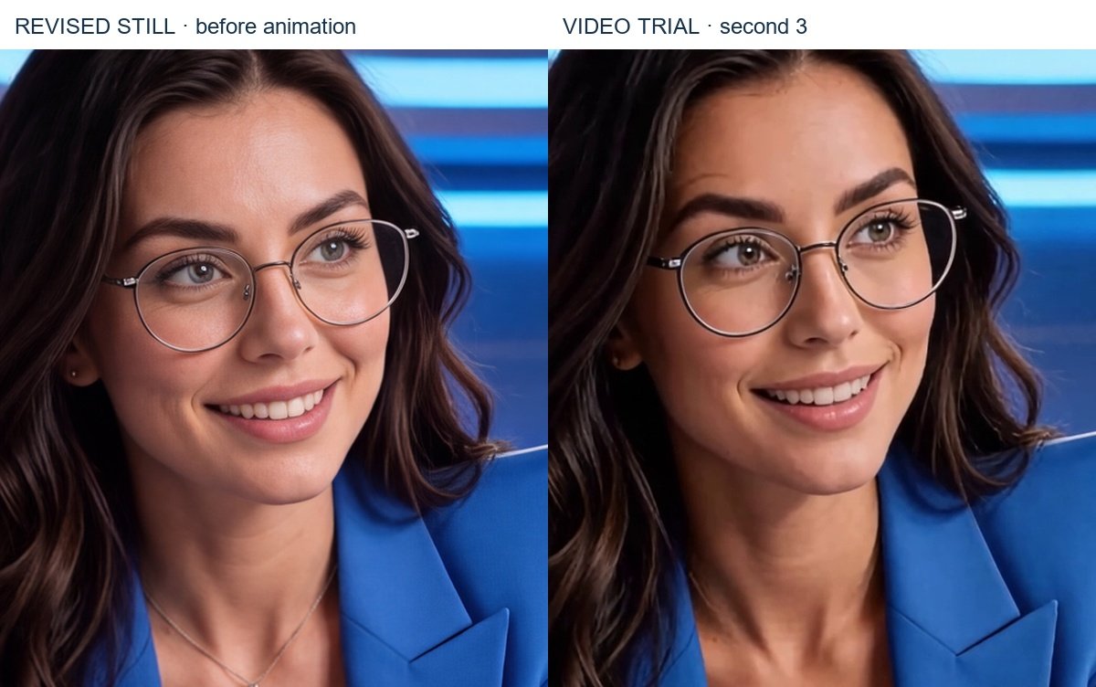 The same revised still compared with motion second three. The nearly fixed open smile remains a speech failure.