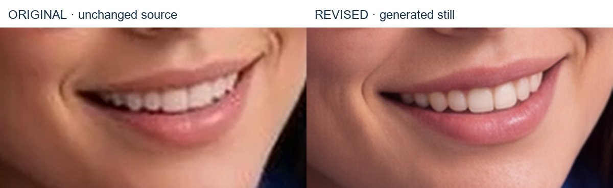Mouth and smile. The teeth and lip shape shift in the revision; this is a disclosed identity deviation.