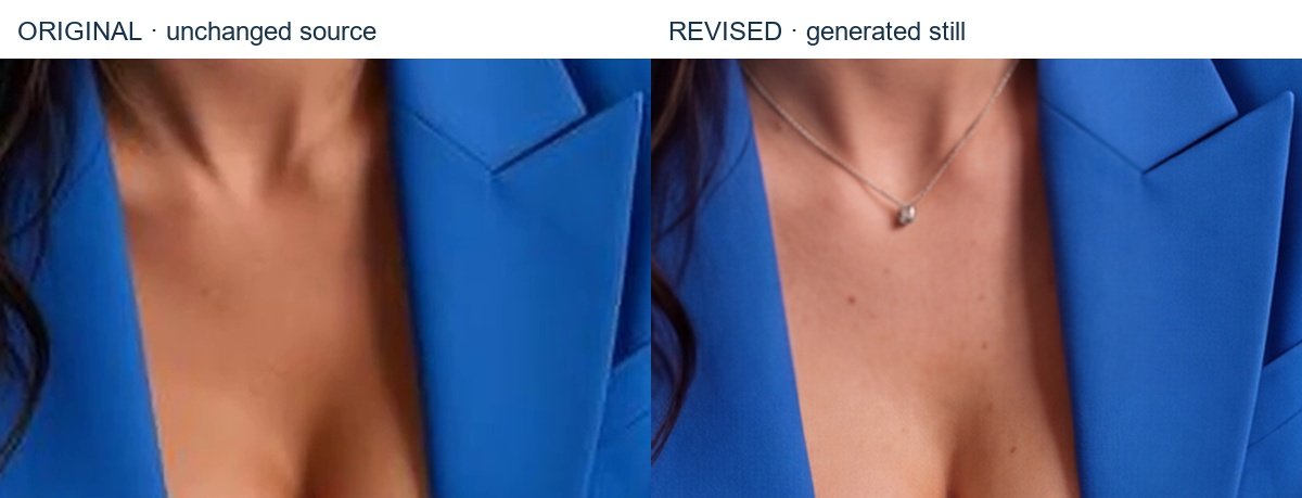 Neck and upper chest. Skin changes extend beyond the face, but the added necklace and neckline difference are visible.