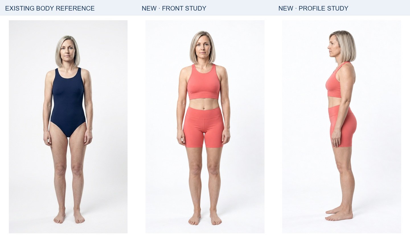 Eleanor: existing body authority, new frontal study and new profile. Panels are resized independently for display; they do not establish relative height or exact dimensions.