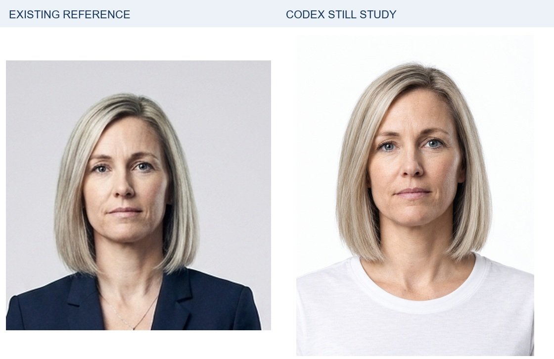 Eleanor: existing identity reference left; new Codex portrait right. Source crops are proportionally resized for display; a small source crop cannot reveal detail the original never contained. Clothing, lighting and framing differ. Neither side receives extra sharpening or retouching.