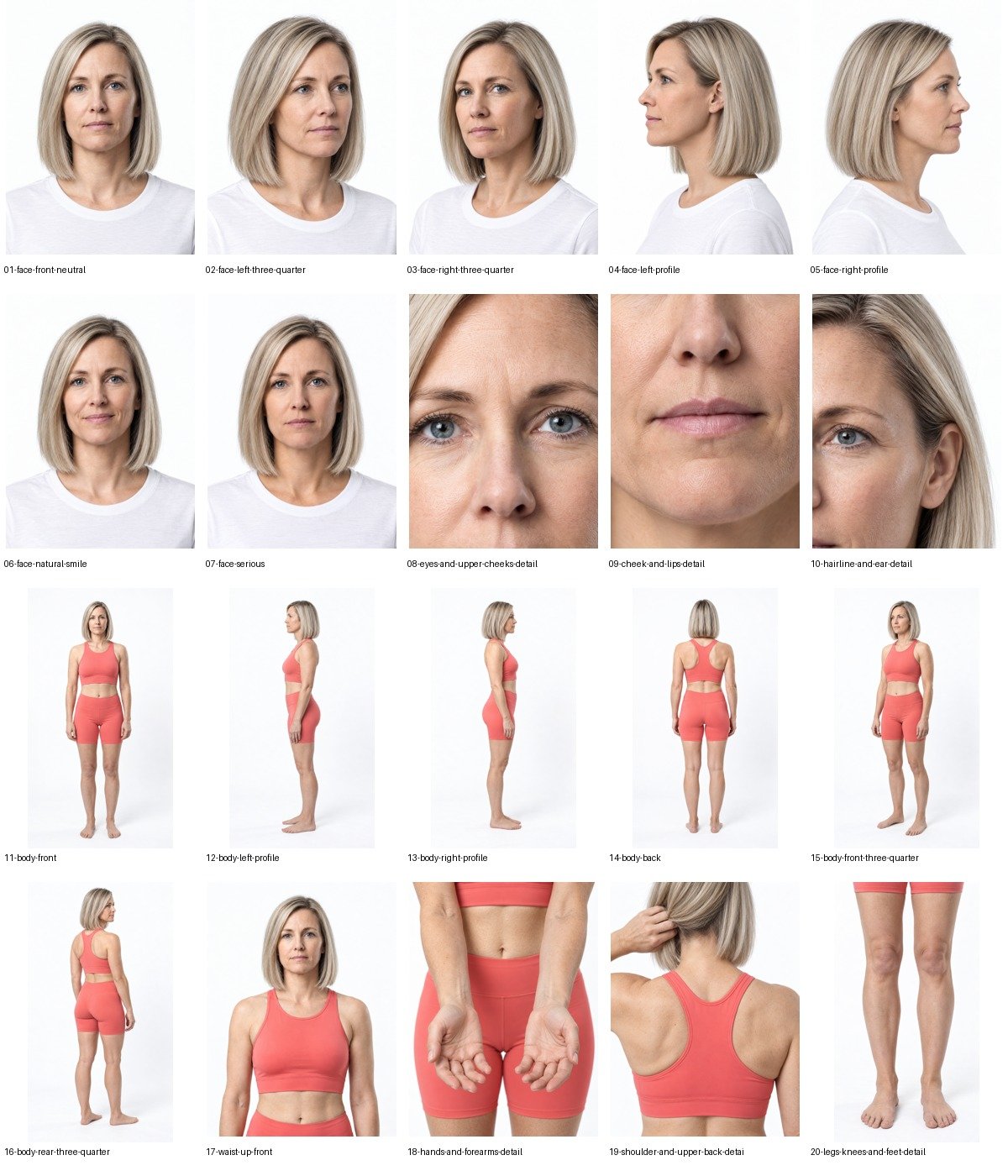 Eleanor: all twenty individual selected outputs. The sheet is a derived layout; clothing coverage and identity imperfections remain visible.