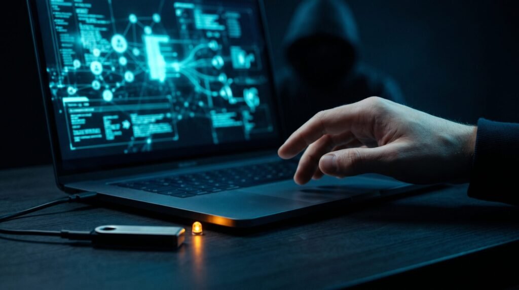 A hand about to confirm a bitcoin payment on a laptop, a hardware wallet beside it and a warning light glowing. AI-generated illustration.