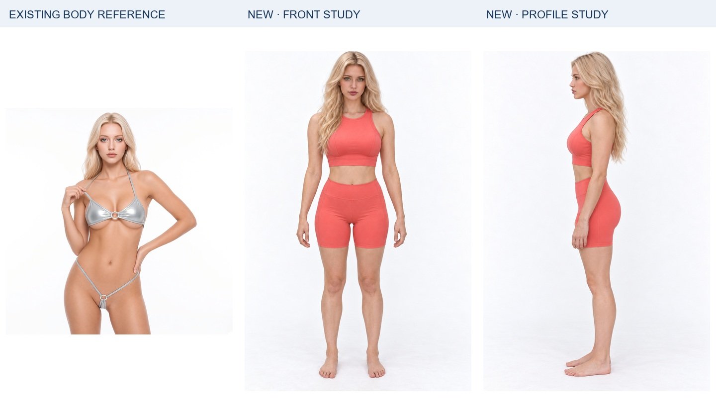 Emily: existing body authority, new frontal study and new profile. Panels are resized independently for display; they do not establish relative height or exact dimensions.