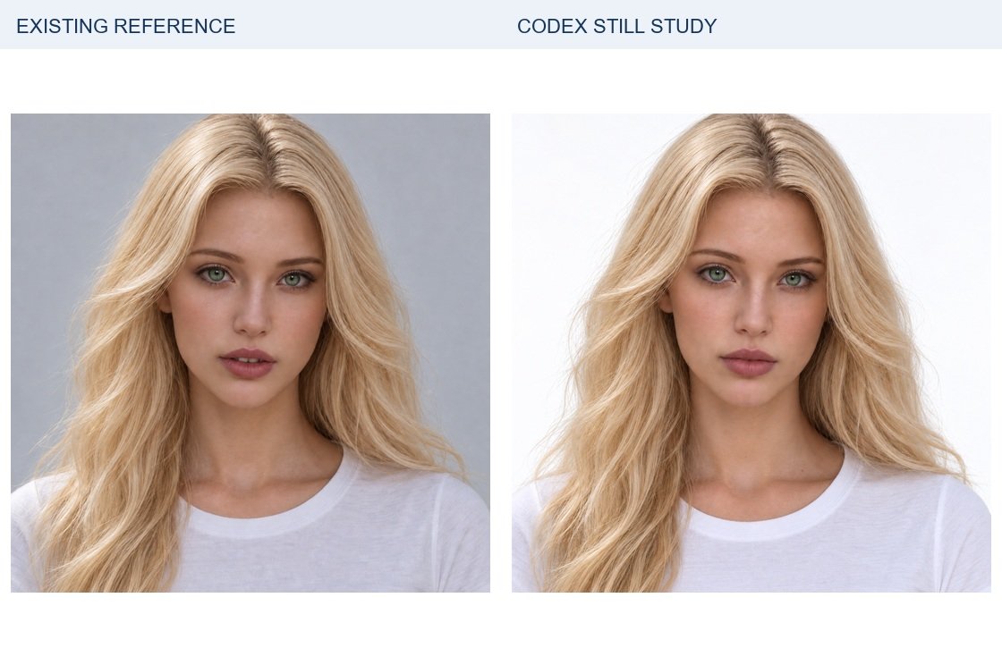 Emily: existing identity reference left; new Codex portrait right. Source crops are proportionally resized for display; a small source crop cannot reveal detail the original never contained. Clothing, lighting and framing differ. Neither side receives extra sharpening or retouching.