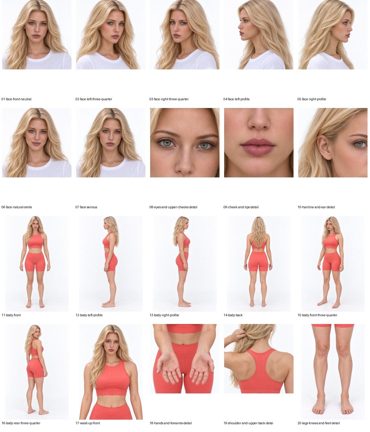 Emily: all twenty individual selected outputs. The sheet is a derived layout; clothing coverage and identity imperfections remain visible.