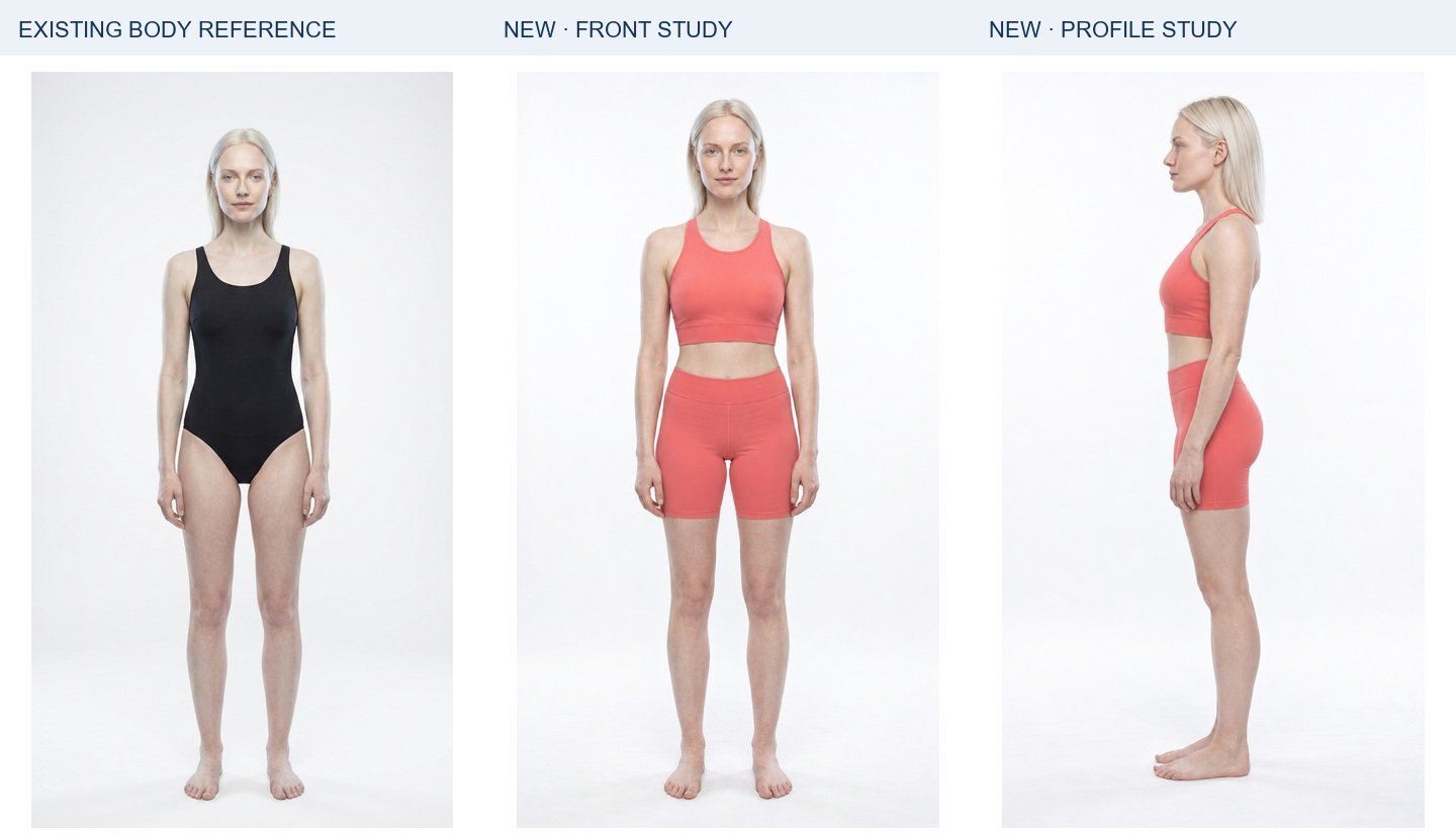 Freya: existing body authority, new frontal study and new profile. Panels are resized independently for display; they do not establish relative height or exact dimensions.