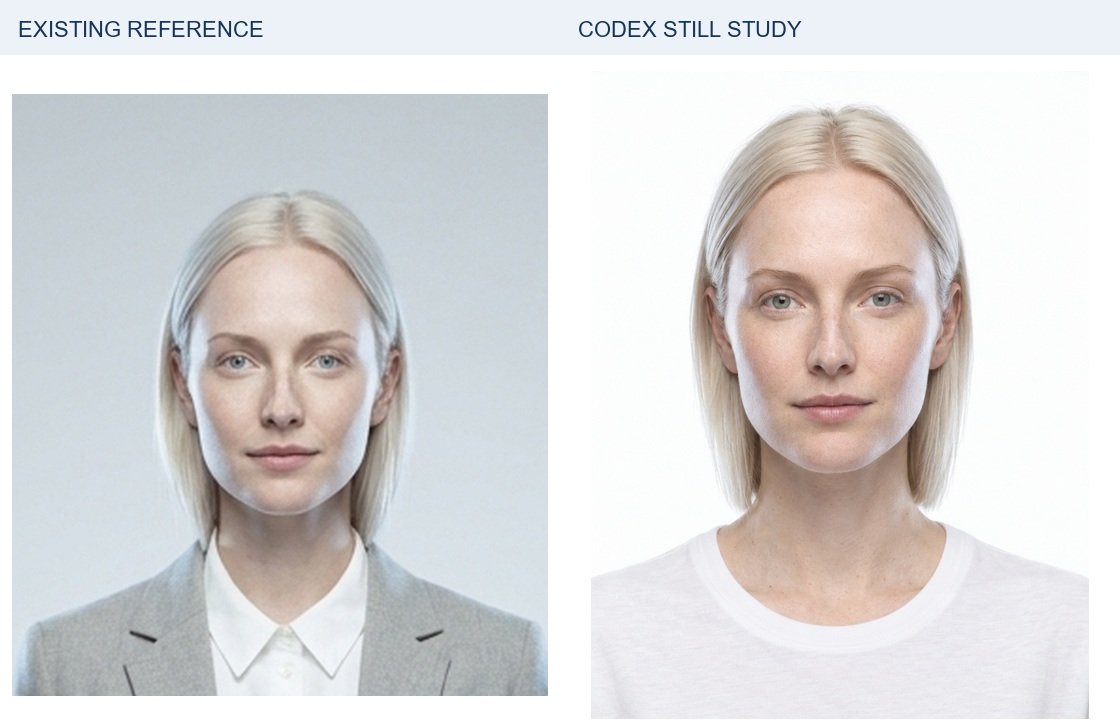 Freya: existing identity reference left; new Codex portrait right. Source crops are proportionally resized for display; a small source crop cannot reveal detail the original never contained. Clothing, lighting and framing differ. Neither side receives extra sharpening or retouching.