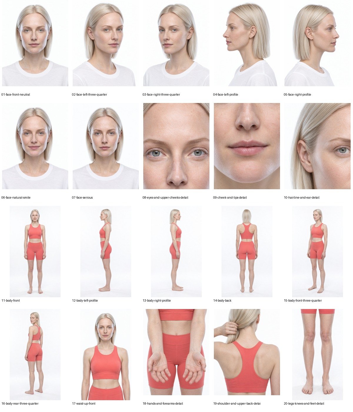 Freya: all twenty individual selected outputs. The sheet is a derived layout; clothing coverage and identity imperfections remain visible.