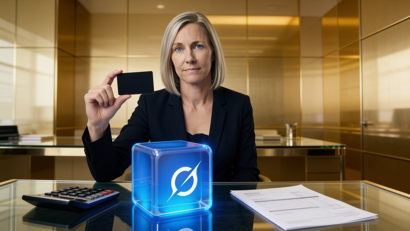 Eleanor Vance holding up the company card next to the Grok Bot cube