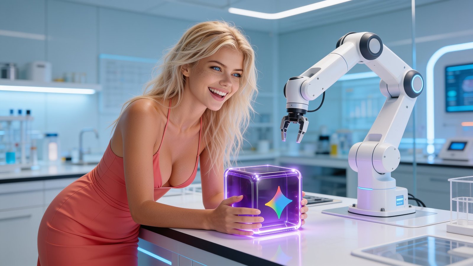 Peaches laughing with her Gemini Spark cube in a robotics lab