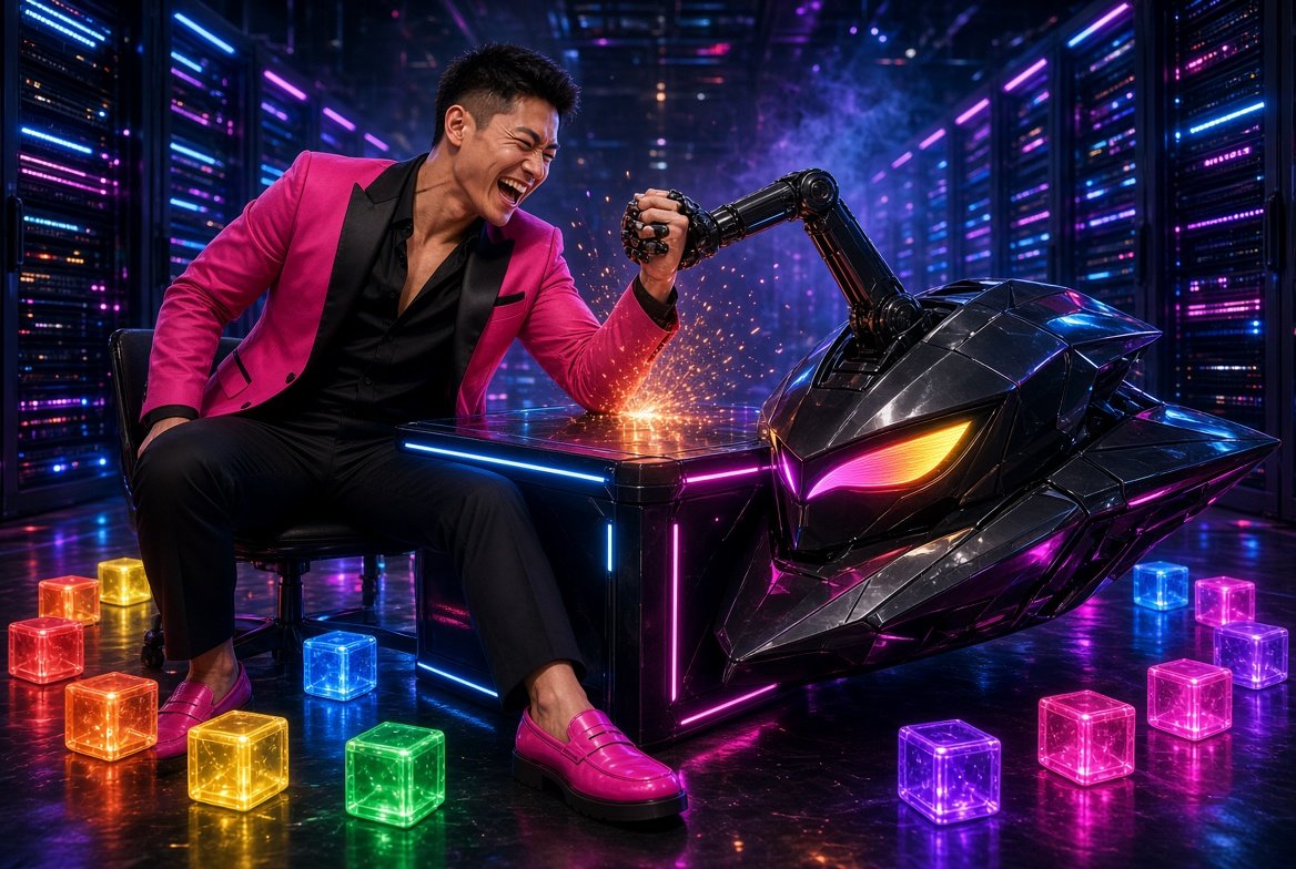 Kenji in a hot-pink tuxedo arm-wrestling the Hark robot in a neon data center