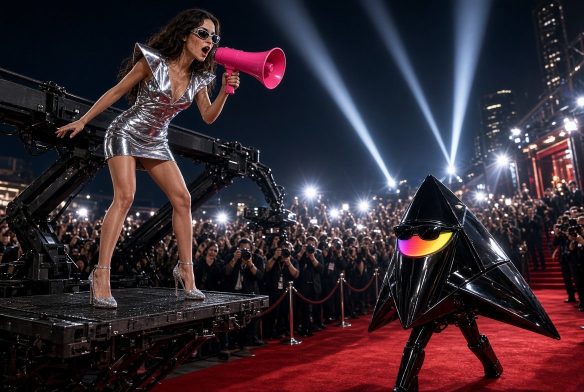 Bella in a silver mirror mini dress directing from a camera crane as the Hark robot works the red carpet