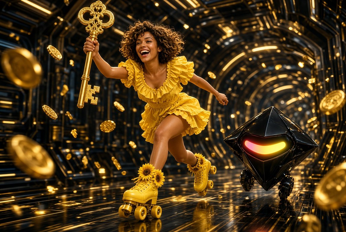 Kai in a sunflower ruffle dress roller-skating through a vault of golden keys