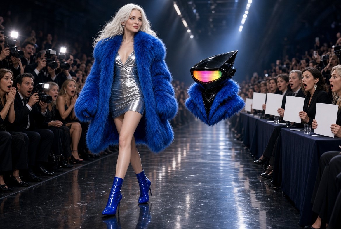 Freya and the Hark robot in matching blue fur on a runway