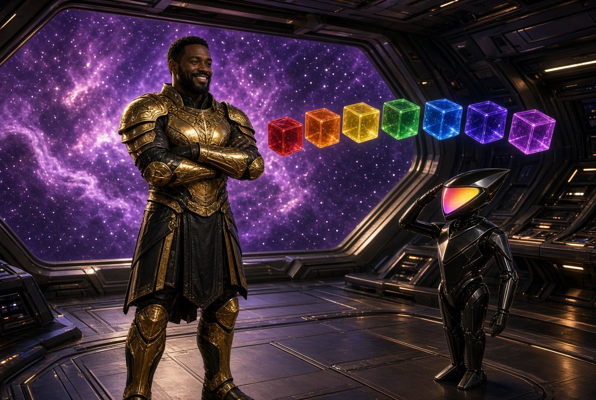 Captain Marcus in gold armor on a starship bridge with seven glowing agent cubes as the Hark robot salutes