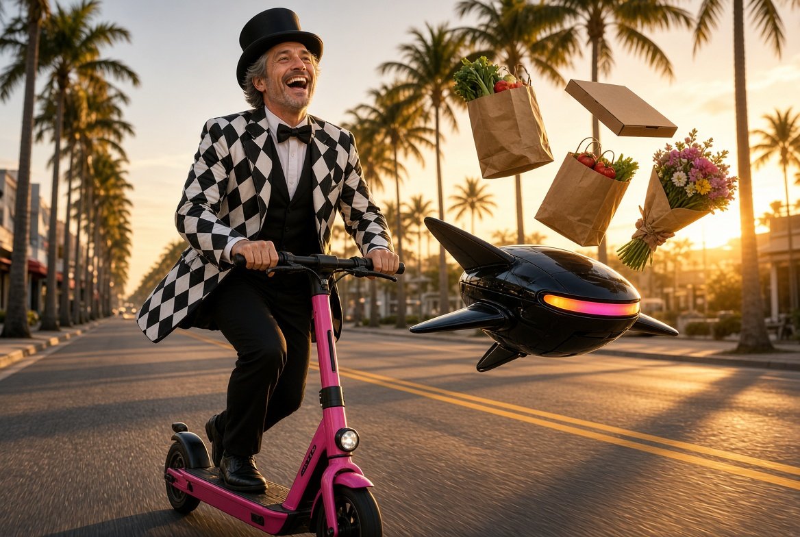 Harry in a harlequin tuxedo on a pink scooter while the Hark robot juggles his groceries, a pizza and flowers