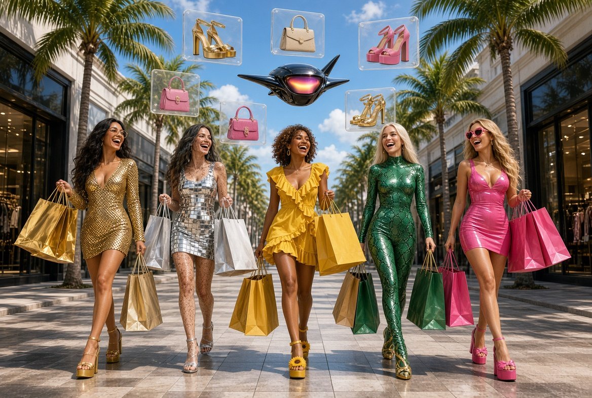 Radio, Bella, Kai, Emily and Peaches on a shopping spree while the Hark robot juggles floating browser windows of shoes and bags