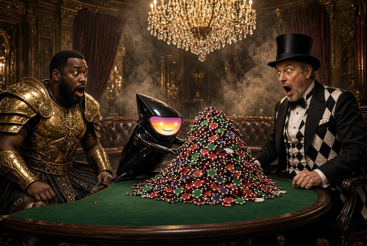 Marcus in gold armor and Harry in a top hat stare in shock as the Hark robot pushes a mountain of poker chips all-in