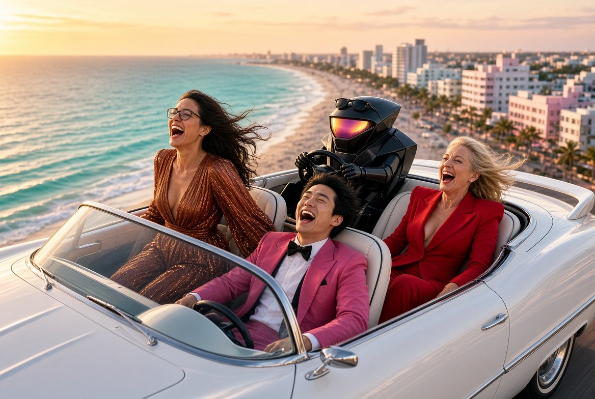 Radio, Kenji and Eleanor laughing in a convertible over Miami Beach as the Hark robot drives from the back seat