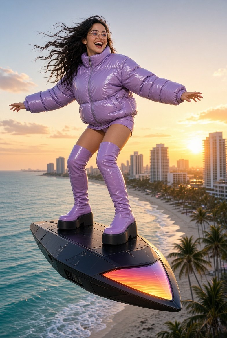 Radio in a lilac puffer and boots surfing the Hark robot over Fort Lauderdale beach at sunrise