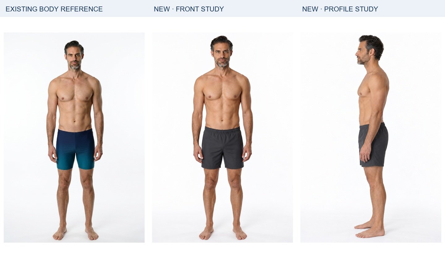 Harry: existing body authority, new frontal study and new profile. Panels are resized independently for display; they do not establish relative height or exact dimensions.