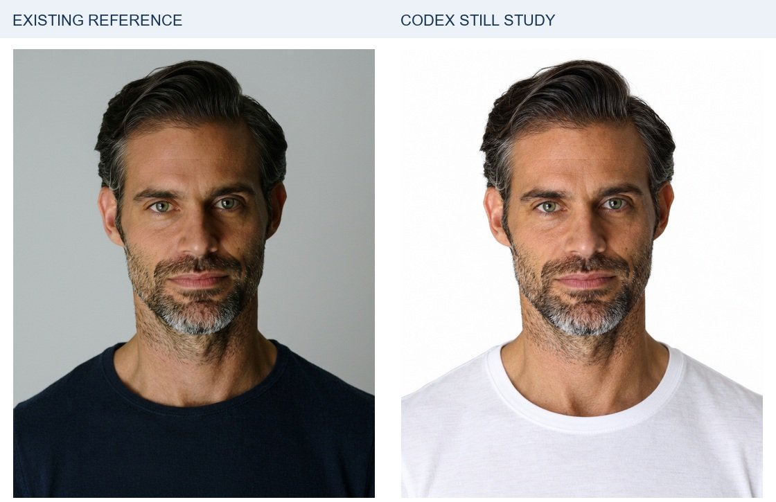 Harry: existing identity reference left; new Codex portrait right. Source crops are proportionally resized for display; a small source crop cannot reveal detail the original never contained. Clothing, lighting and framing differ. Neither side receives extra sharpening or retouching.