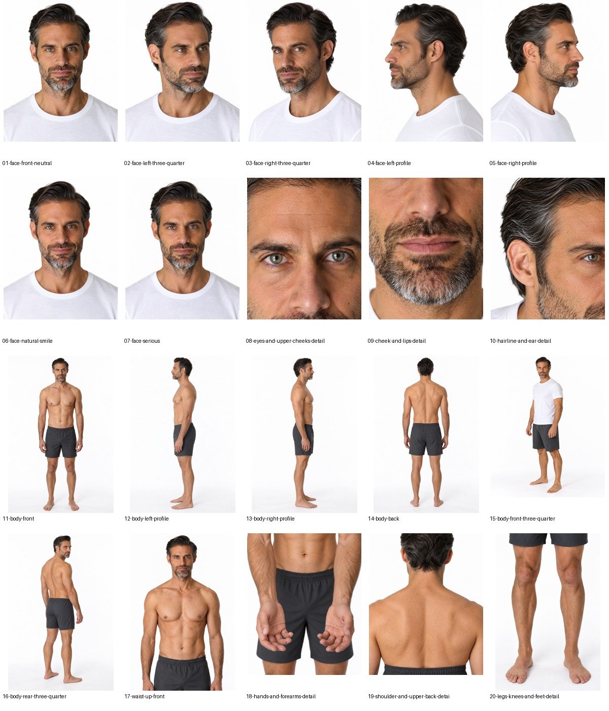 Harry: all twenty individual selected outputs. The sheet is a derived layout; clothing coverage and identity imperfections remain visible.