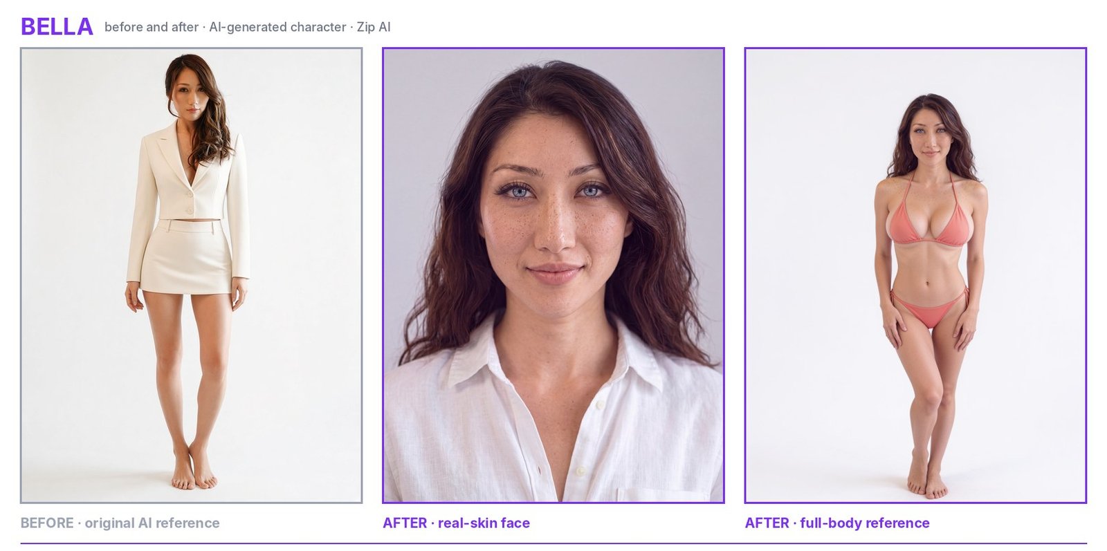 AI character Bella: original AI reference, then the new real-skin face and full-body reference
