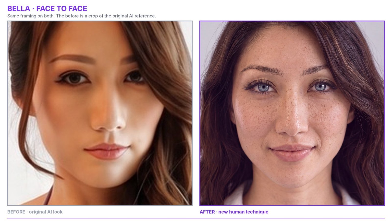 Bella face close-up: original AI look beside the new human version