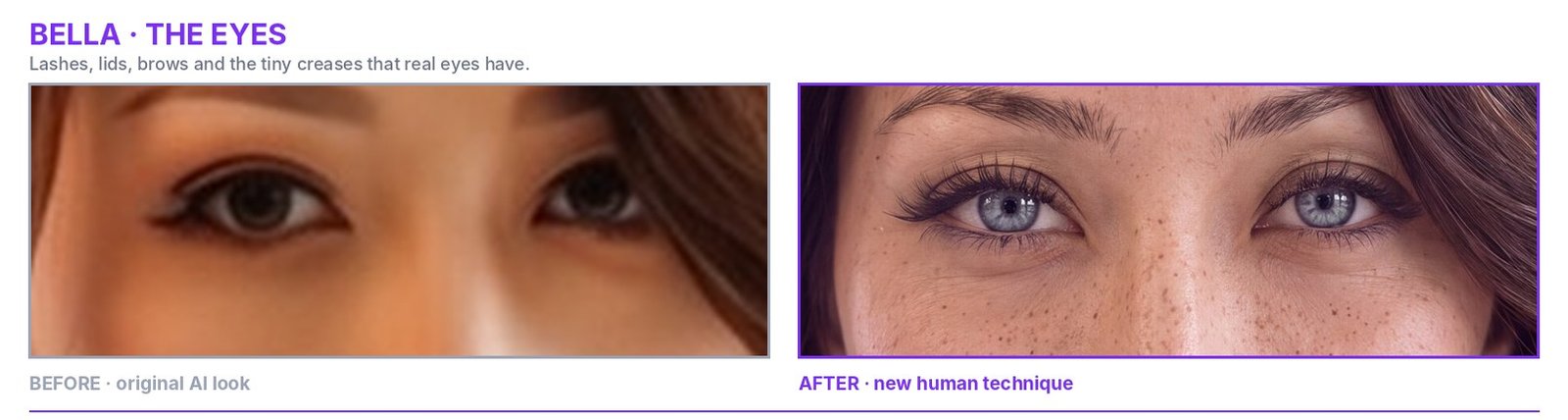 Bella eyes: original AI look beside the new human version
