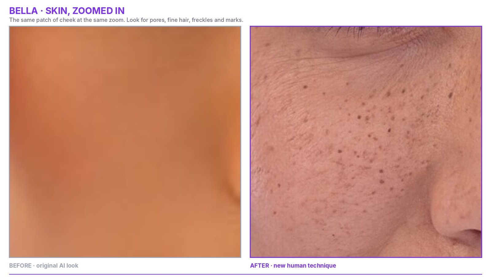 Bella skin zoomed in: original AI look beside the new human version